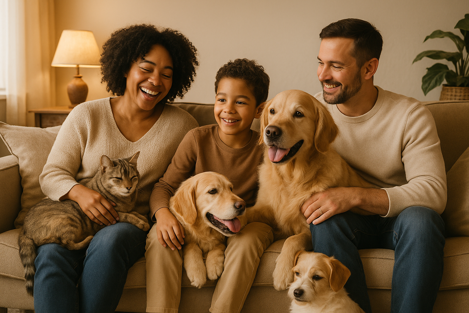 quiero que me hagas una imagen para mi tienda de shopify que trasmita que la mascota es parte de la familia incluyendo perros y gatos